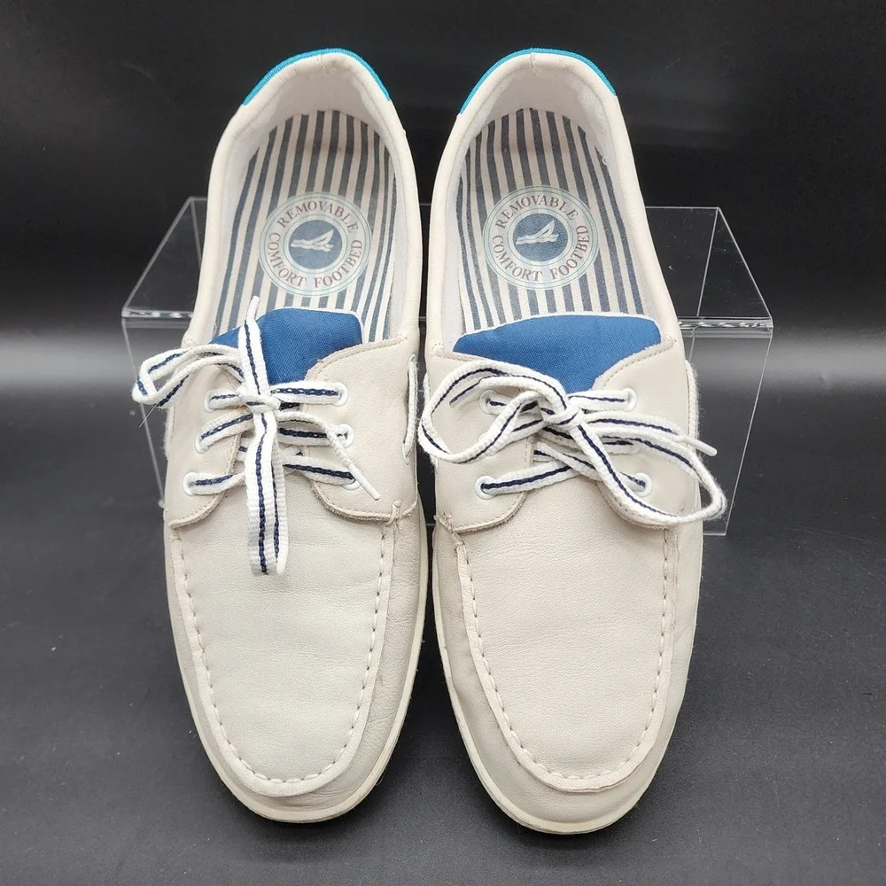 Sperry Size 13 M White Blue Leather Boat Shoes Nautical Preppy Coastal Casual LO
